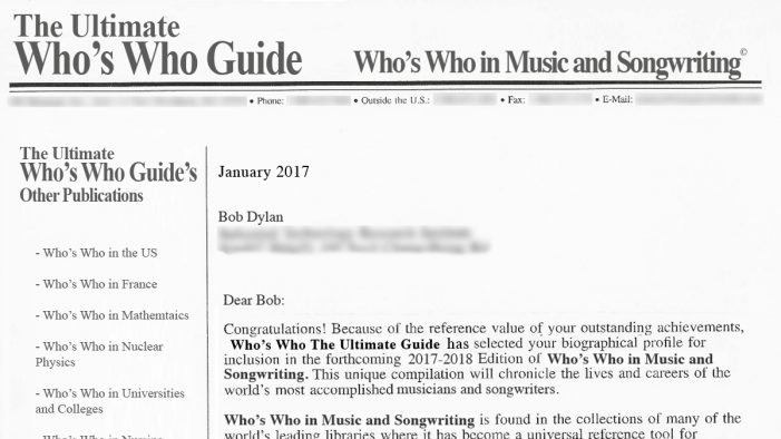 Bob Dylan To Accept Book From “Who’s Who, The Ultimate Guide” In Person