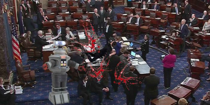 Deranged Robot Yelling “Danger, Danger” Attacks Senate, Frightening Gallery